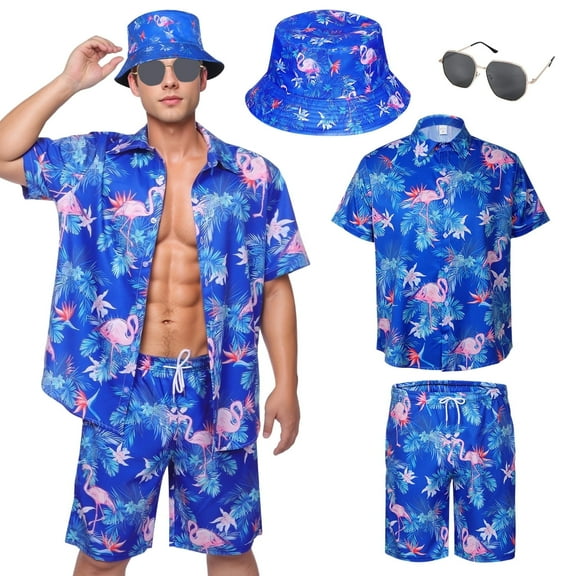Alaiyaky Hawaiian Shirts for Men, Mens T Shirt and Short Bucket Hat Sunglasses Set Short Sleeve Tropical Summer Beach Vacation Fancy Costume Adult Outfit
