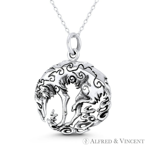 Fenrir, the Great Wolf Viking Norse Mythology Charm 34x27mm (1.3x1.1in) Pendant & Chain Necklace in Oxidized .925 Sterling Silver