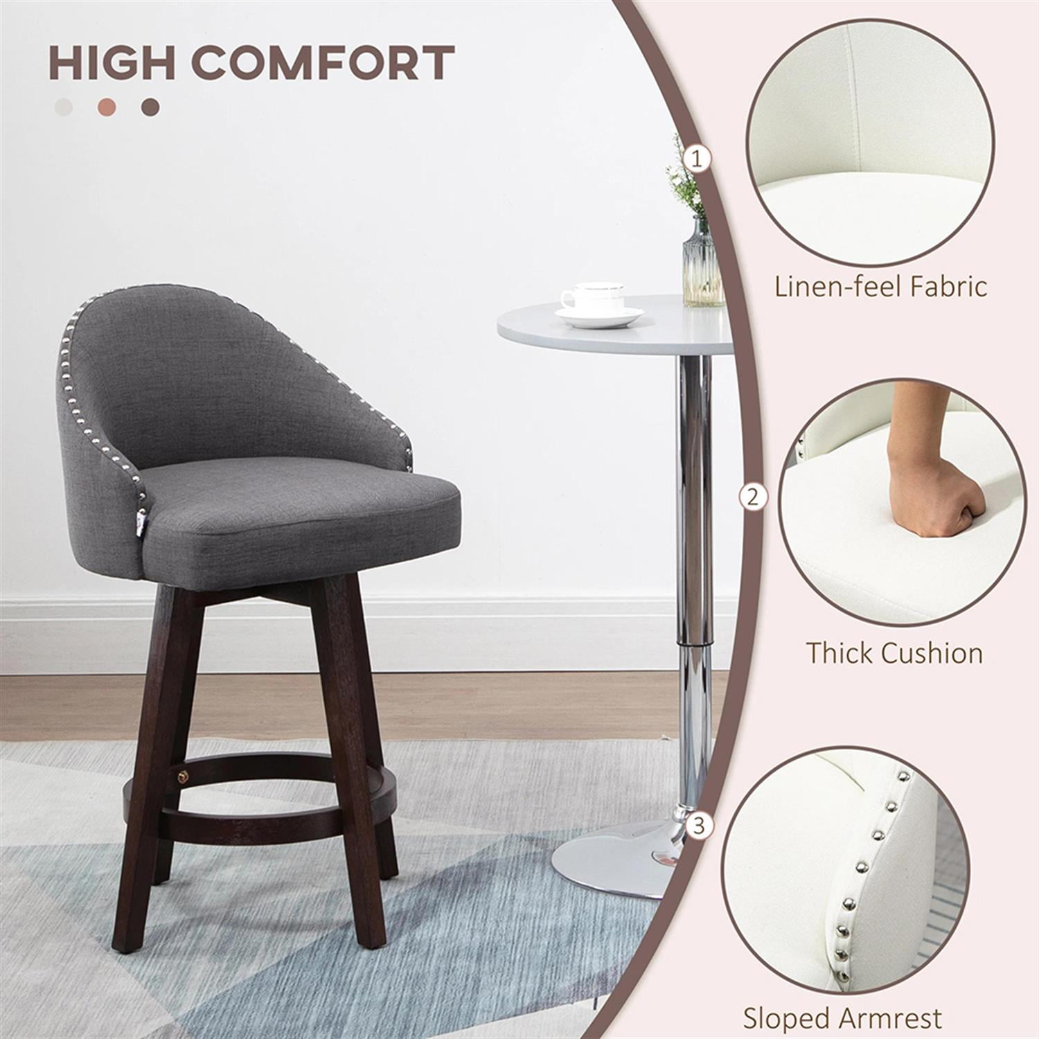 Demi Bonn Modern Bar Stool Set of 4, Cushioned Bar 26" Seat Height Stool with Nailhead Trim, Upholstered Back and Rubber Wood Legs for Kitchen, Dinning Room, Gray