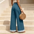 thumbnail image 6 of Women's Lightweight Lace Hem Beach Pants Ruffle Elastic Waist Wide Leg Palazzo Pants Textured Summer Pockets Casual Pants Fashion Bottoms Dark Blue, 6 of 7