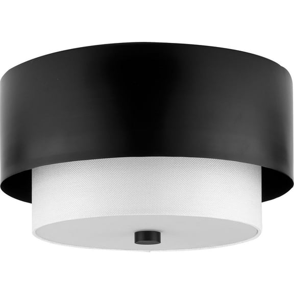 Progress Lighting Silva 2-Light Flush Mount, Matte Black, White Linen Shade