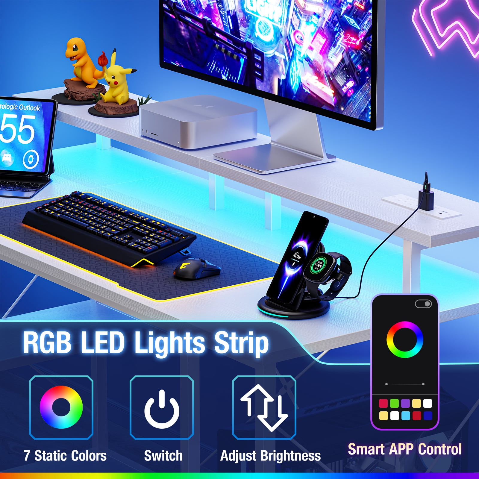 CONCETTA 48" Computer Gaming Desk with LED Light, Power Outlet, Monitor Stand, Headphone Hook, White