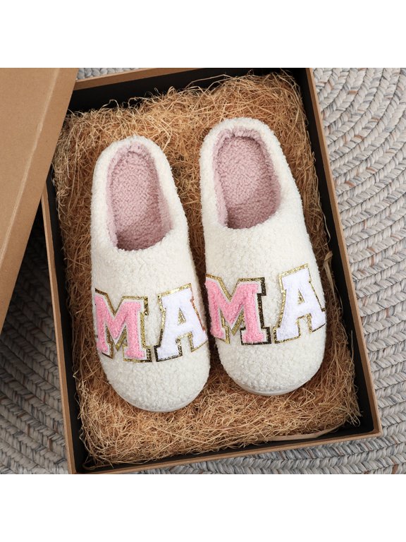 Glitter MAMA Letter Plush House Slippers for Women - Gold Edge, Warm Winter Indoor Slides, Great Thanksgiving Gift, Large Sizes Available