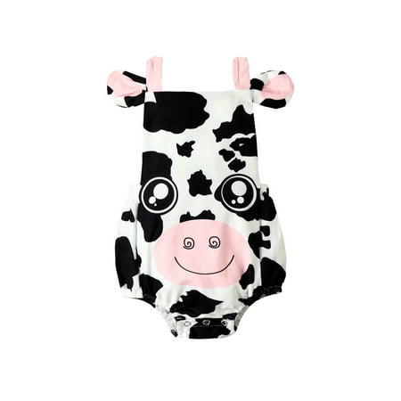 

EYIIYE Baby Girls Jumpsuits Cow / Giraffe Pattern Animal Ear Decor Sleeveless Square Neck Romper with Headband 0-24 Months