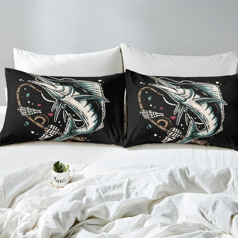 Fish Duvet Cover Marlin Swordfish Bedding Set for Man Teens Boys  Adult,Fishing Gear Comforter Cover Fishhooks Queen Bed Set,Fishing Pole  Fish Hook and