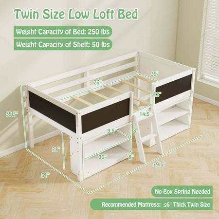 Costway Twin Size Low Loft Bed with Ramp Ladder & Bookcases Full-length Safety Guardrail - White
