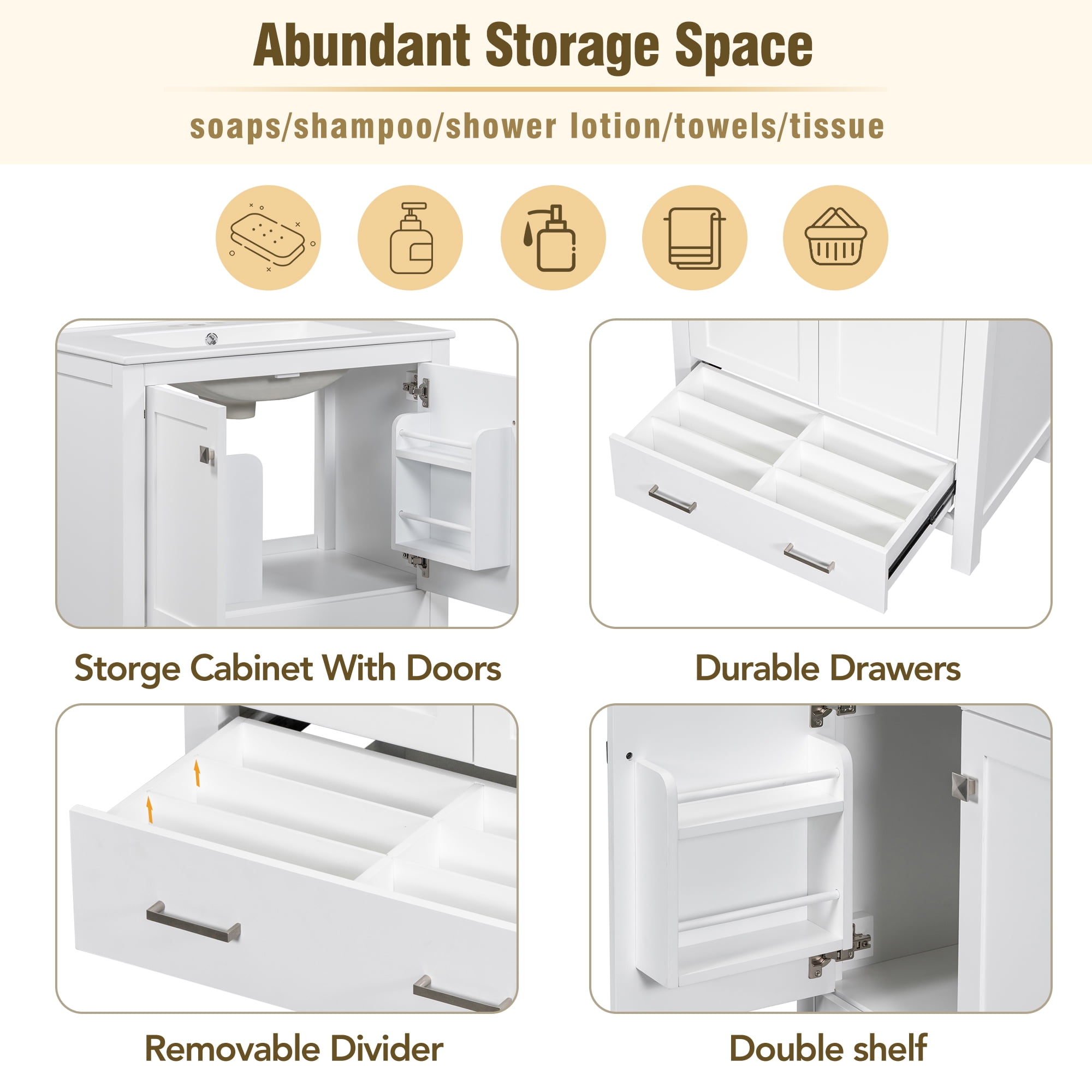 Euroco 30" White Bathroom Vanity with Single Sink, Combo Cabinet Undermount Sink, Bathroom Storage Cabinet with 2 Doors and a Drawer, Soft Closing, Multifunctional Storage, Solid Wood Frame
