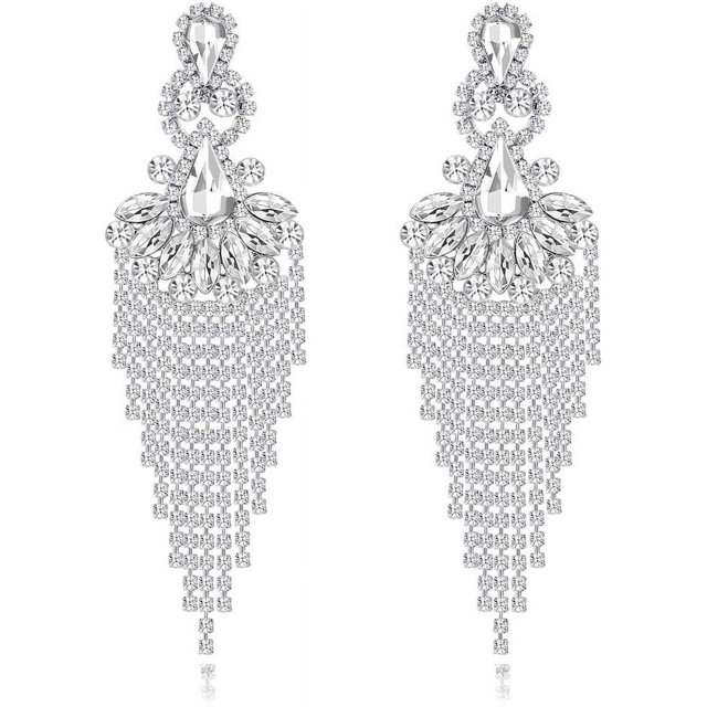 LAICAIW Silver Rhinestone Crystal Bridal Chandelier Long Tassels Dangle Earrings for Wedding