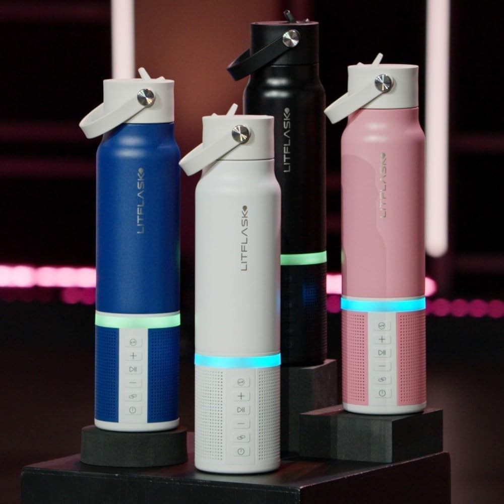 LITFLASK Smart Water Bottle with Premium Bluetooth Speaker, White, Portable Charger, LED Light, Stainless Steel, Mix & Match Colors, 20oz - Oprah's Favorite Things 2024