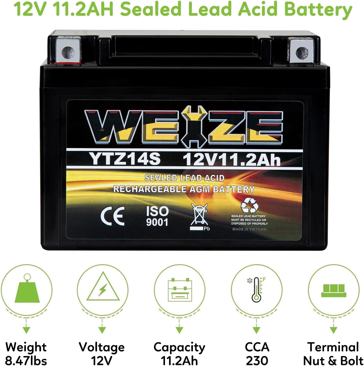 YTX14 BS ATV Battery High Performance - Maintenance Free - Sealed AGM YTX14-BS Motorcycle Battery compatible with Honda Suzuki Kawasaki Yamaha scooter snowmobile