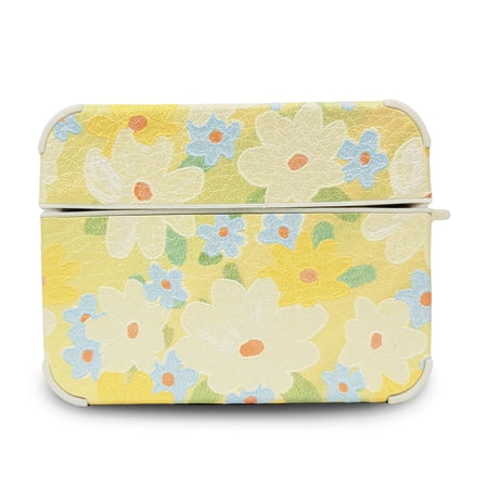 Airpods Pro Case Cute Flower Texture Skin with Keychain Protective Hard Cover for Women and Girls Floral Design - (Yellow)