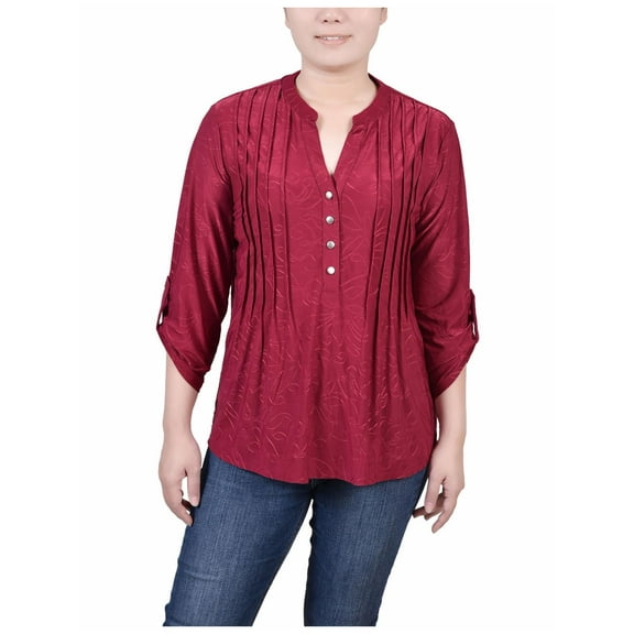 NY Collection Womens Petites Jacquard Pintuck Blouse