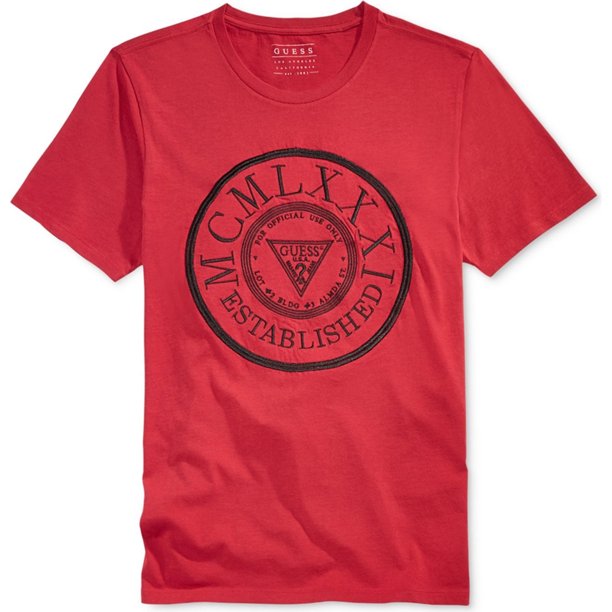 GUESS Camiseta para Hombre Establecida MCMLXXXI Embellecida, Rojo, XX-Large Guess Camiseta adornada