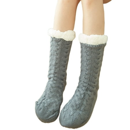 

Women Winter Warm Twist Cable Knit Fuzzy Plush Lined Slipper Socks with Grippers