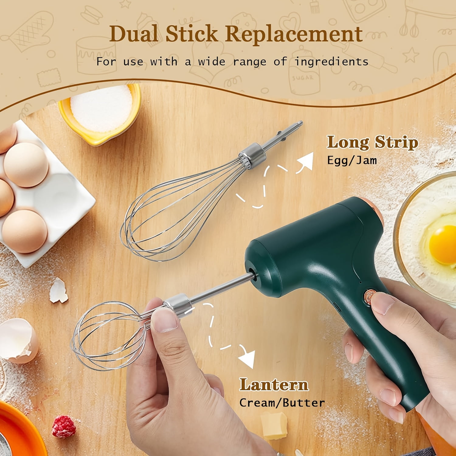 Cordless Electric Hand Mixer USB Rechargeable 304 Stainless Steel 3 Speed Modes Detachable Stir Whisks Portable Kitchen Baking Tool