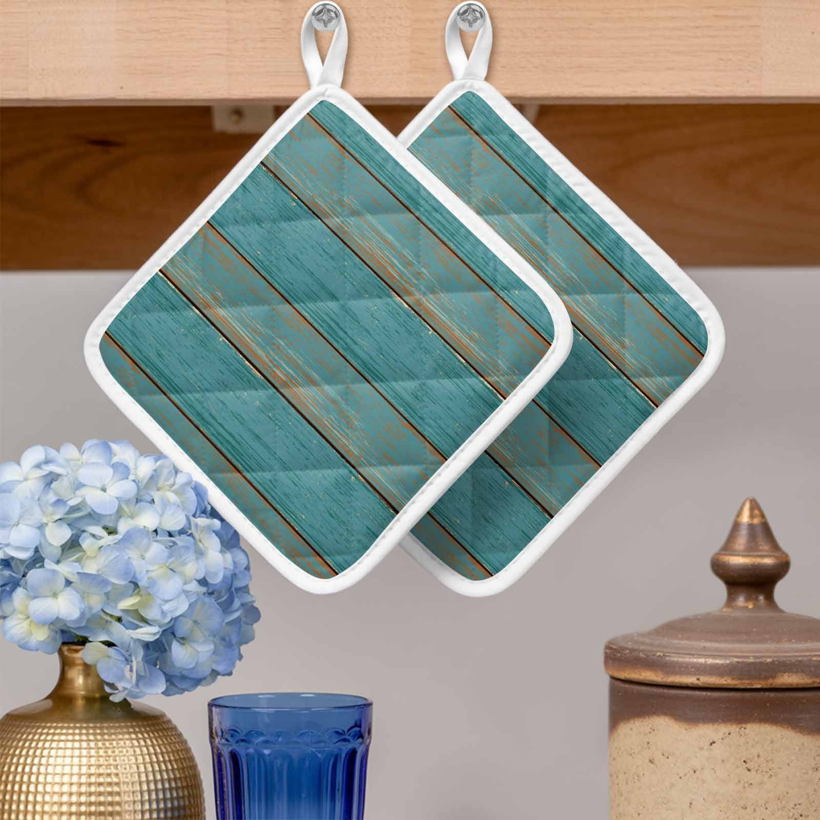 Teal Wood Grain Pot Holders for Kitchen Heatproof Potholder, 5 Pack Farmhouse Vintage Wooden Rustic Hot Pads Multipurpose Oven Pads Cloth Potholders Trivet for Cooking Baking