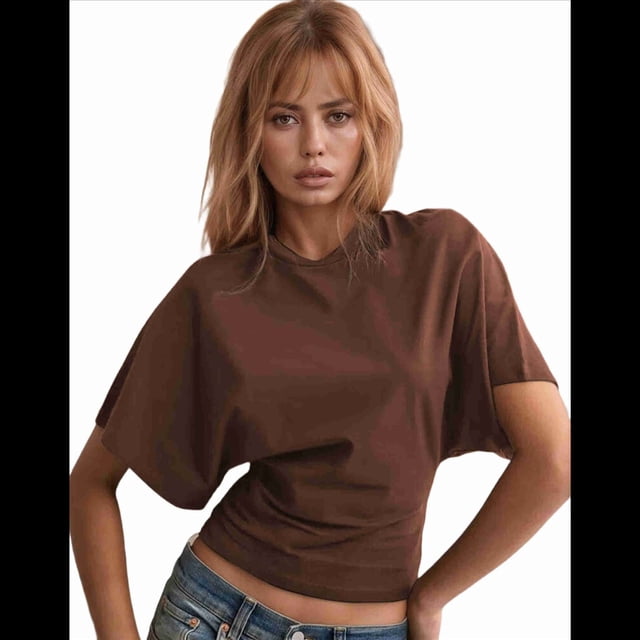 T-shirts pour Femmes à Col Rond, Taille Resserrée, T-Shirt Décontracté à Manches Courtes, Hauts d'Entraînement, Couleur Unie, T-Shirts Basiques, Brun, P