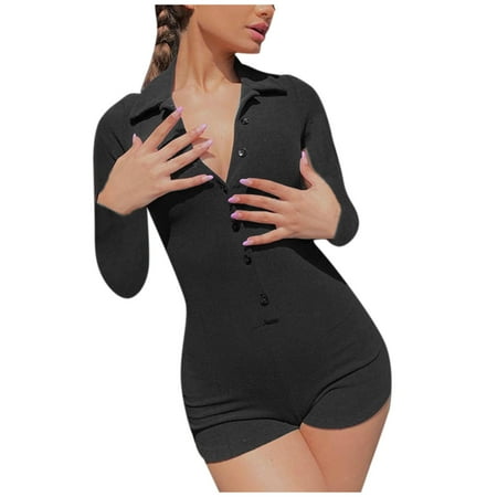 

Women s Fashion Knitted Print Shorts Romper Button-Down V-Neck Jumpsuit Long Sleeve Bodysuit Pyjamas Cotton Pajama Dress Short Pajamas