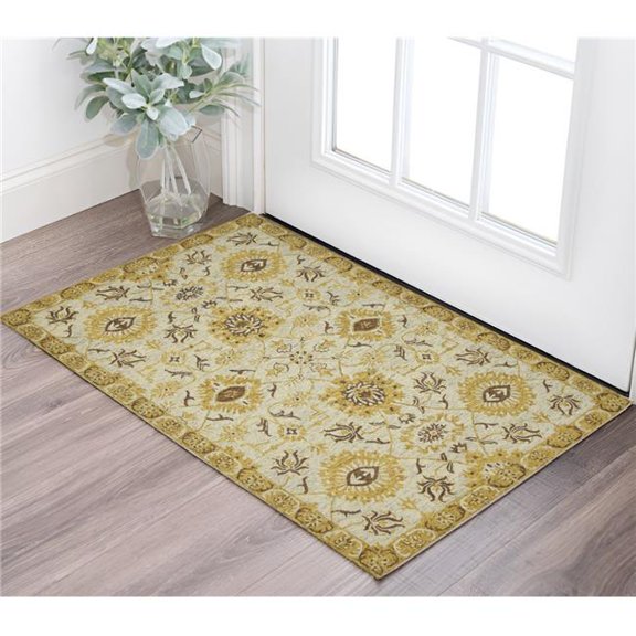 HomeRoots 570399 2 x 3 ft. Gold Beige & Brown Wool Floral Medallion Hand Hooked Rectangle Area Rug