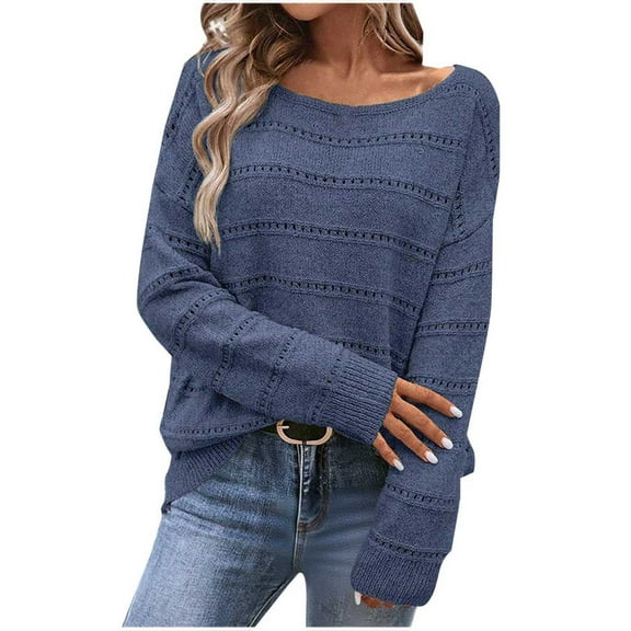 MaFYtyTPR Women's Sweater Tops Casual Solid Color Crew Collar Fall/Winter Long Sleeved Loose Sweaters Blouse Blue L