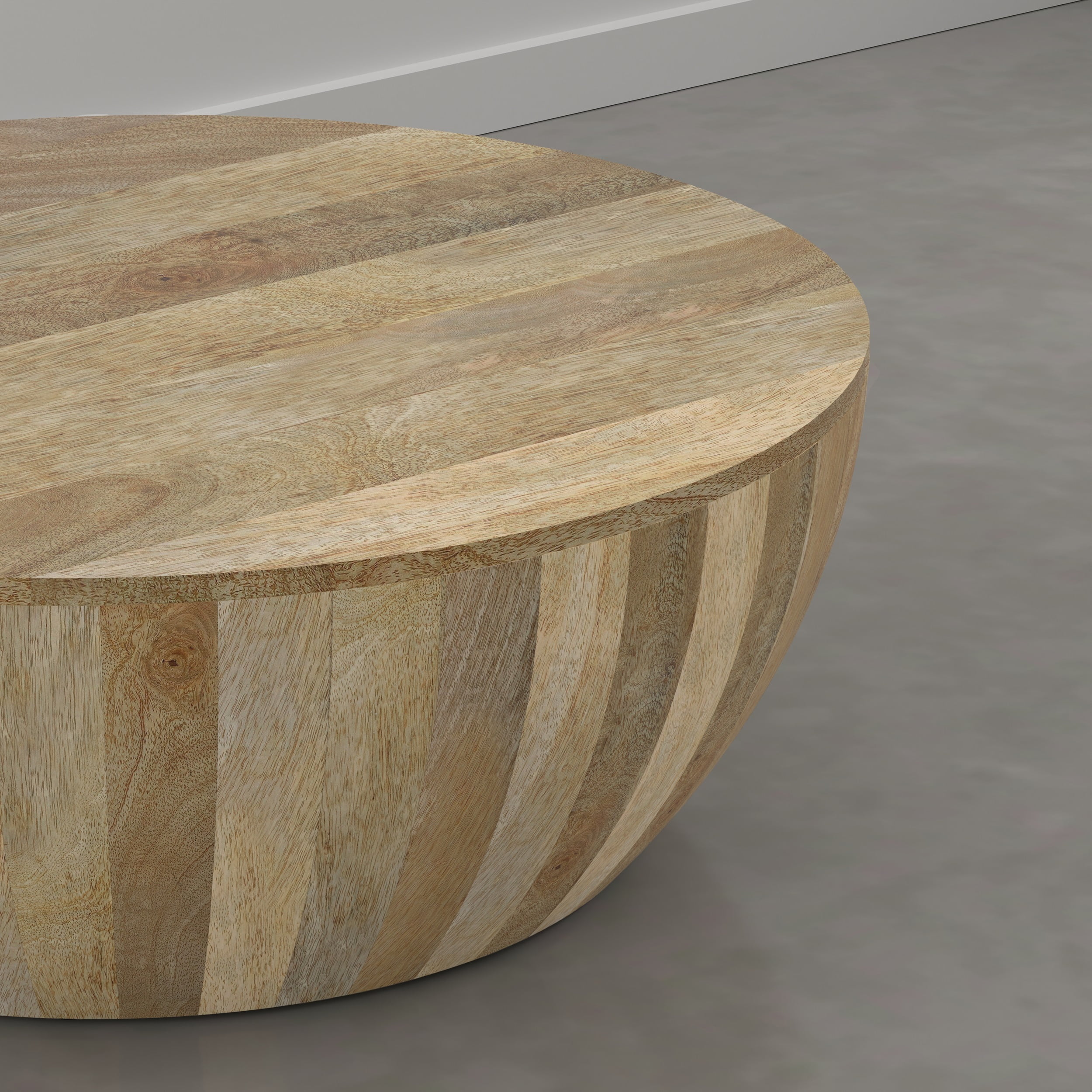 Simpli Home Elmbrook 34 inch Wide Solid Mango Wood Drum Coffee Table, Natural Blonde