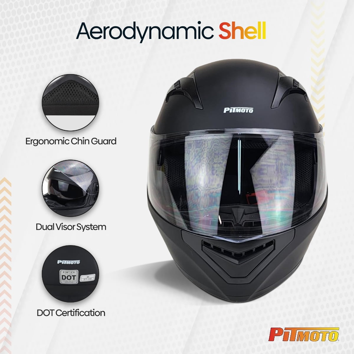 PITMOTO PM-888, Full Face Dual Visor DOT Approved Motorcycle Helmet-Matte Black -X-Large