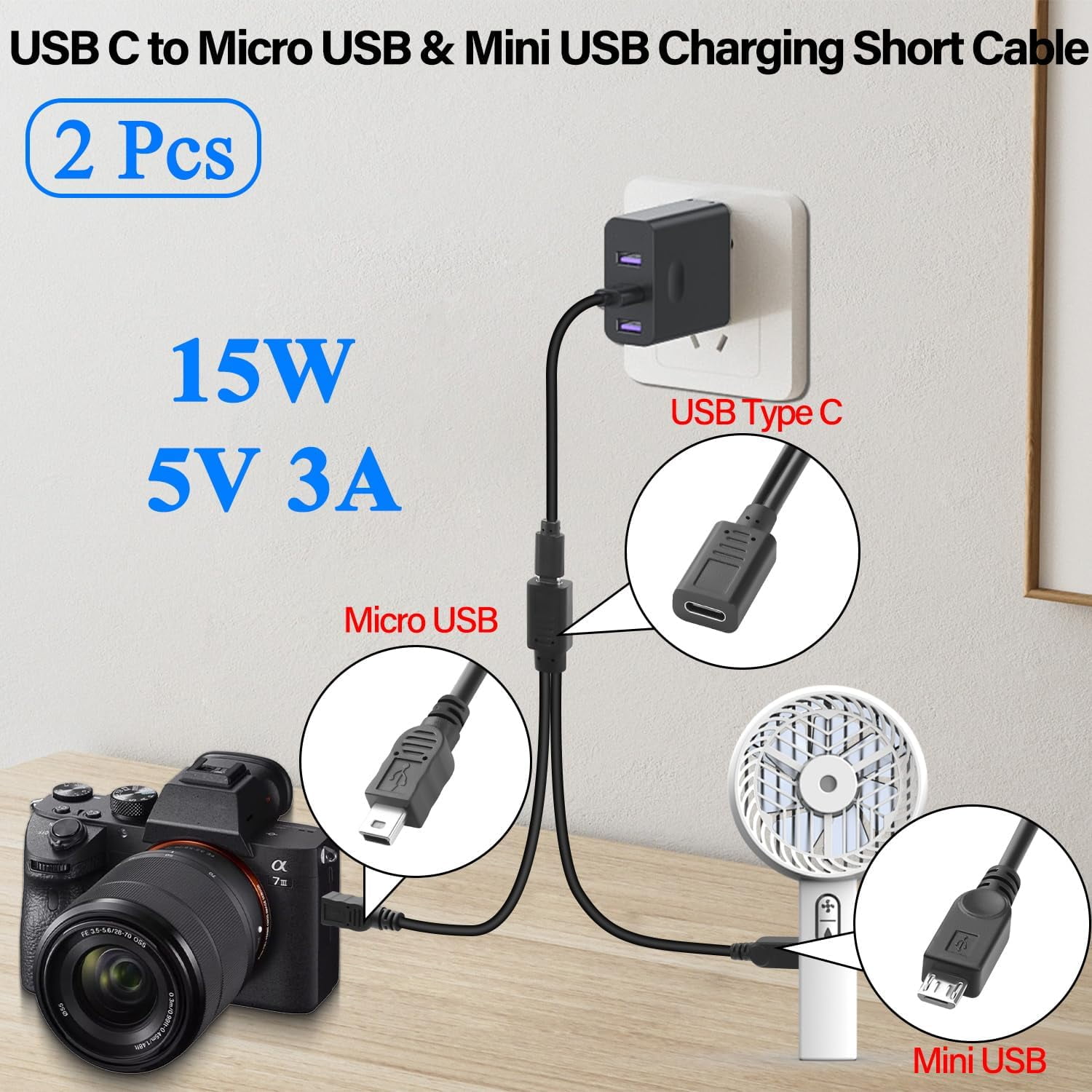 HRTGFD-USB C to Micro & Mini USB Splitter Charging Short Cable 1 in 2 USB Type C Female to Micro USB Male+Mini USB Male Y Connector Extension Cable 5V3A, No Data Transfer, 30cm/11.8in, 2Pcs
