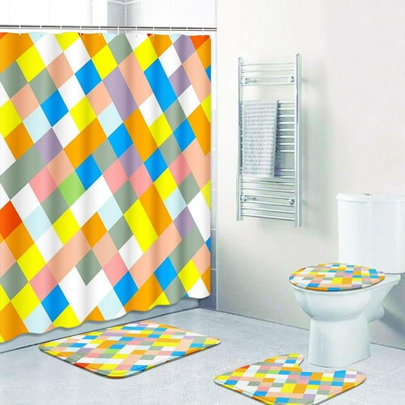 4 Pcs Shower Curtain Set with 12 Hooks, Pine Tree Rock Mountain, Bathroom Decor Chinese Happy Red Black Asian Bathing with Non-Slip Rugs Toilet Lid Cover Bath Mat 72"x72"