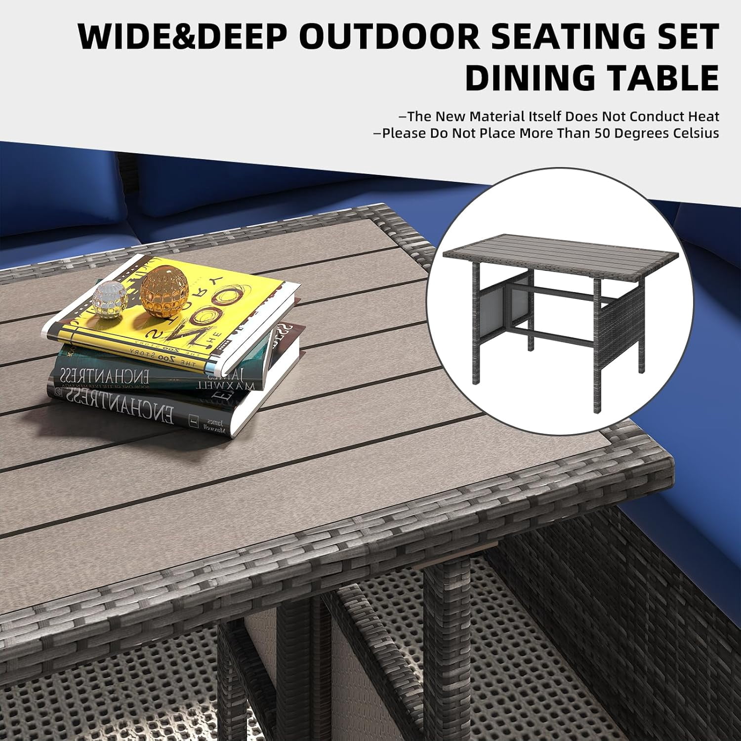 AECOJOY 7 Piece Patio Conversation Set, Outdoor Sectional Sofa Rattan Wicker Dining Furniture in Dark Blue