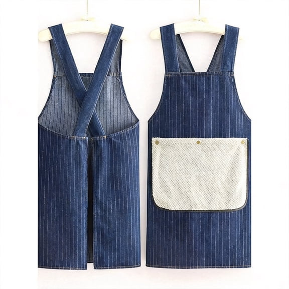 Cross Back Apron 1 Pc Lightweight Cotton Denim Kitchen Apron with Pockets Stain Resistant Professional Chef Workwear Denim Stripes Blue
