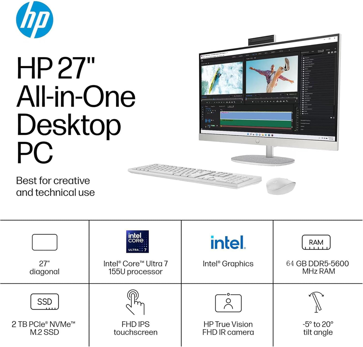 HP 27" FHD IPS TouchScreen All-in-One Desktop Computer, Intel 12 Core Ultra 7 155U, 16GB DDR5 RAM|1TB SSD, Adjustable Angle, Wireless KB & Mouse, 1080p Camera, Win 11 Pro