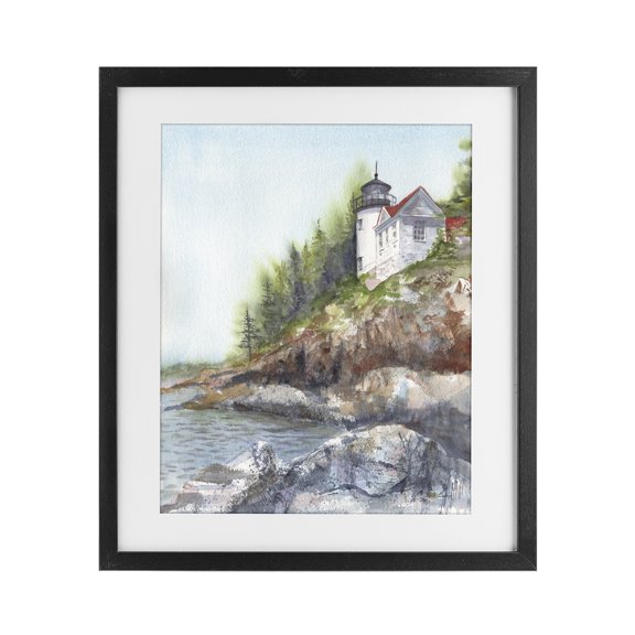 Stupell Industries Traditional Bass Harbor Lighthouse Black Framed Print Under Glass, 13 x 16, by Patti Bishop