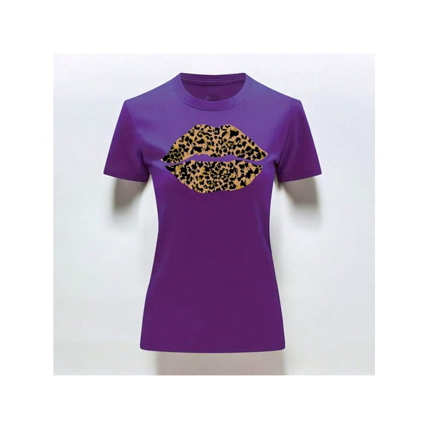 Playera Blusa Con Impresion De Beso Animal Print Sexy Color Morado Talla Chica Marca Emil SaEs