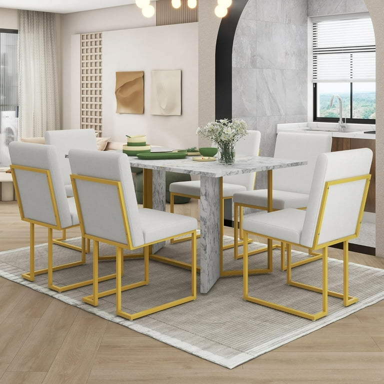 7 Piece Modern Dining Table Set Artificial Marble Sticker Tabletop and 6 Upholstered Linen Chair All with Golden Steel Legs for Dining Room and