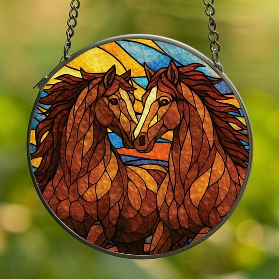 Lotusprinthandmade Couple Horse Colorful Stained Glass Suncatcher for Window Hanging Cir4in, cute horse lovers stained glass style