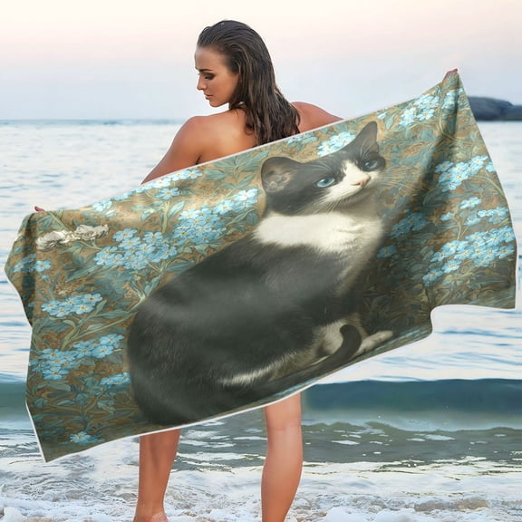 Qxltty Tuxedo Cat Beach Towel Sand Free Bath Towel Absorbent Quick Dry Soft Lightweight Blanket for Travel Gym Camping 60x30in