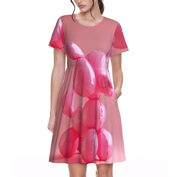 Disketp Pink Balloon Puppy Art para Vestido de Manga Corta para Mujeres, Vestidos de Verano para Mujeres, Casual y Holgado para la Playa