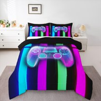 Manfei Glitter Dreamy Gamepad Queen Comforter Set, Neon Stripes Geometric Bedding Comforter Set, Teen Boy Girl Kid Reversible Bedding Set, Ultra Soft Home Decor, 3pcs
