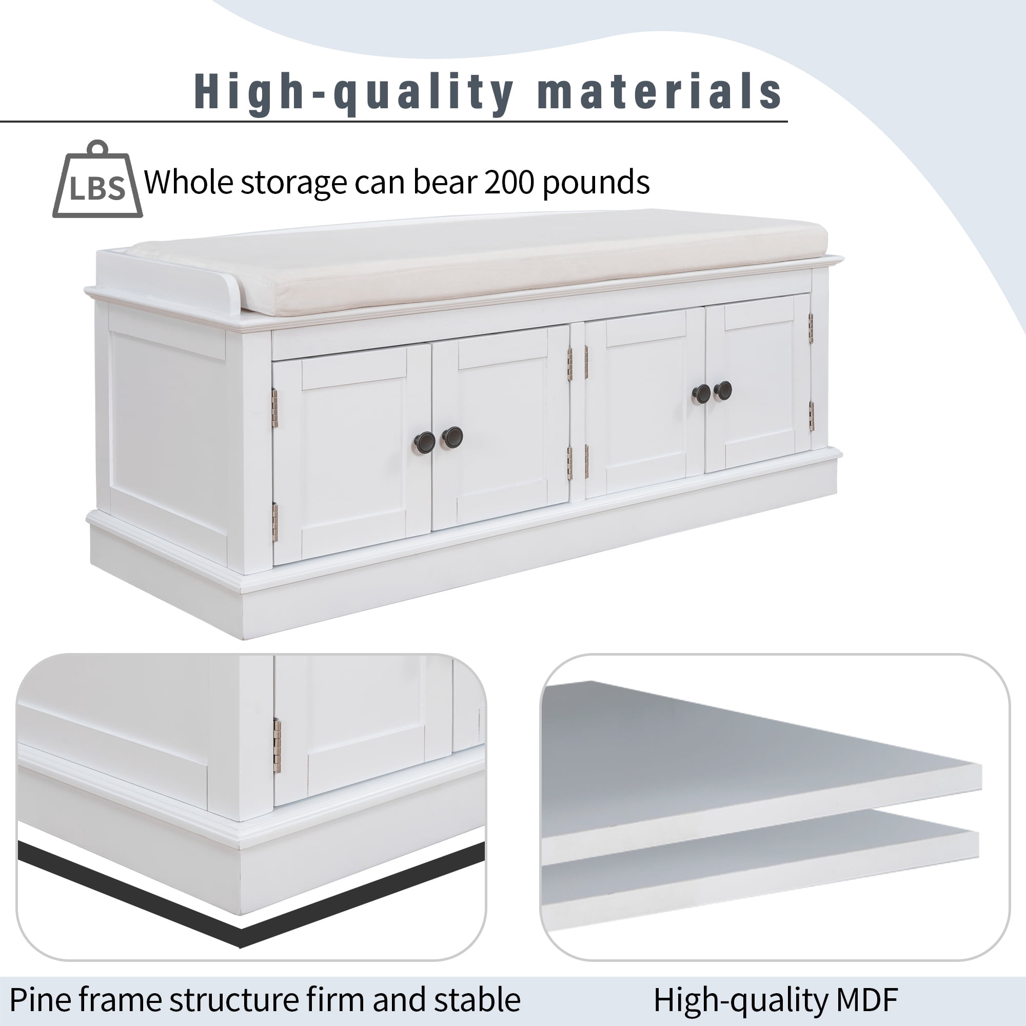 Euroco 42.7" Shoe Bench with 4 Doors, Wood Storage Shoe Rack with Removable Cushion and Adjustable Shelves for Living Room,Entryway,White