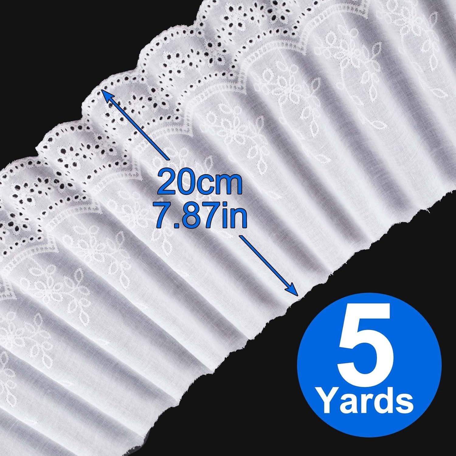 5 Yards White Cotton Eyelet Lace Trim, 7.8" Wide Floral Embroidery Fabric for Sewing & Home Decor