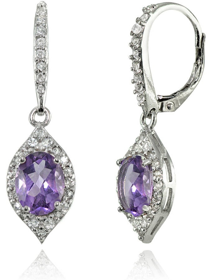 ONLINE - Amethyst and White Topaz Sterling Silver Oval Dangle Leverback ...