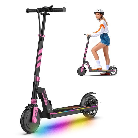 Electric Scooter for Teens, 200W Motor E-Scooter up to 10 Miles Range & 10MPH, 8" Solid Tires, Dual Brake, 3S Easy Folding Lightweight Mobility Scooter with Rainbow LED Lights for Boys Girls