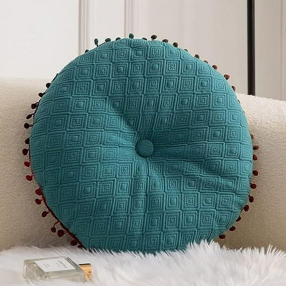 Nvzi Cojín para silla redondo suave con diseño geométrico y pompones degradados, para jardín, patio, hogar, cocina, oficina (azul, diámetro 16")