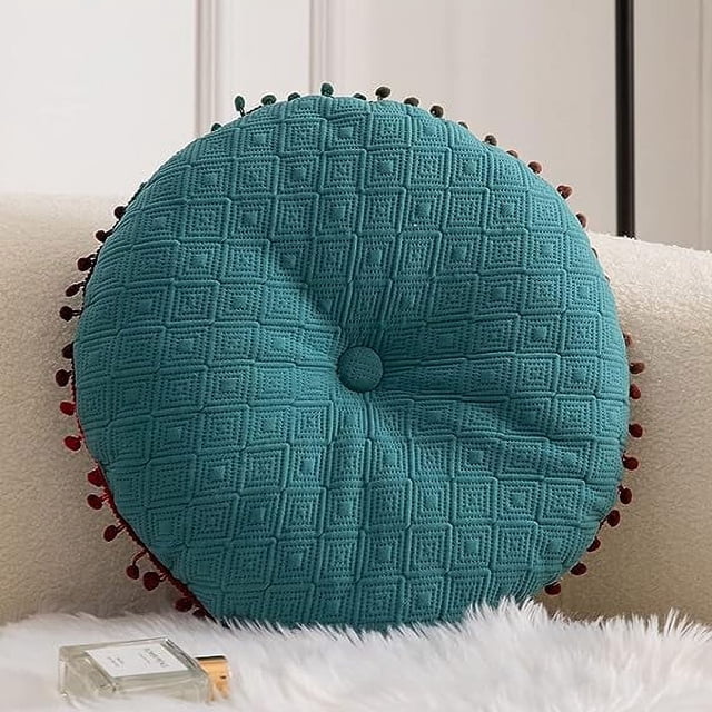 Nvzi Cojín para silla redondo suave con diseño geométrico y pompones degradados, para jardín, patio, hogar, cocina, oficina (azul, diámetro 16")
