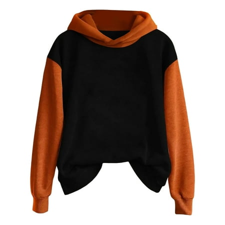 asdoklhq Thanksgiving Shirts for Women Thanksgiving Sweatshirts Pumpkin Theme Color Block Fall Hoodie Fashion Lightweight Pullover Tops Black 3X