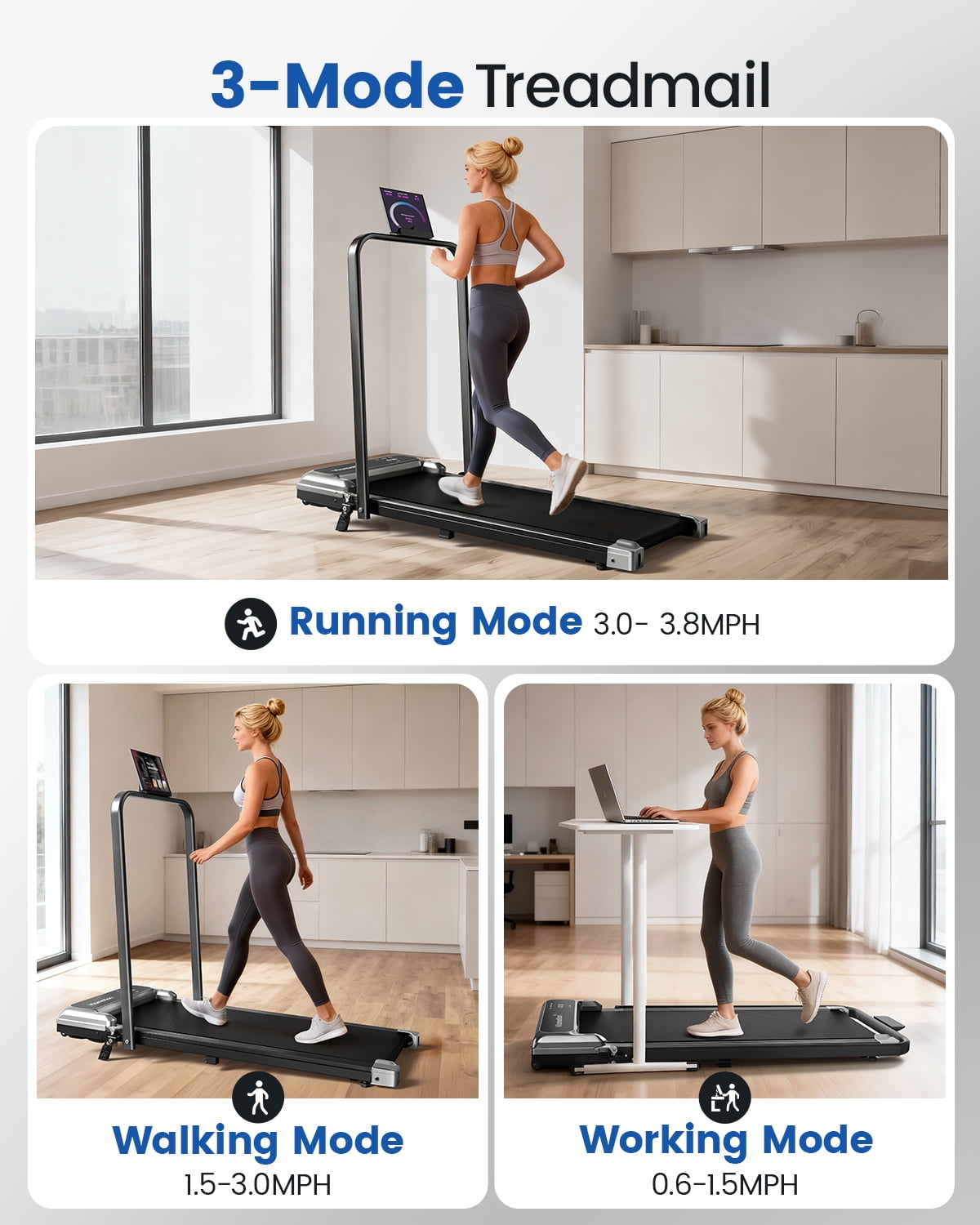 Walking Pad Treadmill with Handle Bar & Adjustable Incline, Foldable Portable Treadmills for Home Office, Quiet Under Desk Treadmill with 0.6-3.8 MPH Speed, 265 LBS Capacity