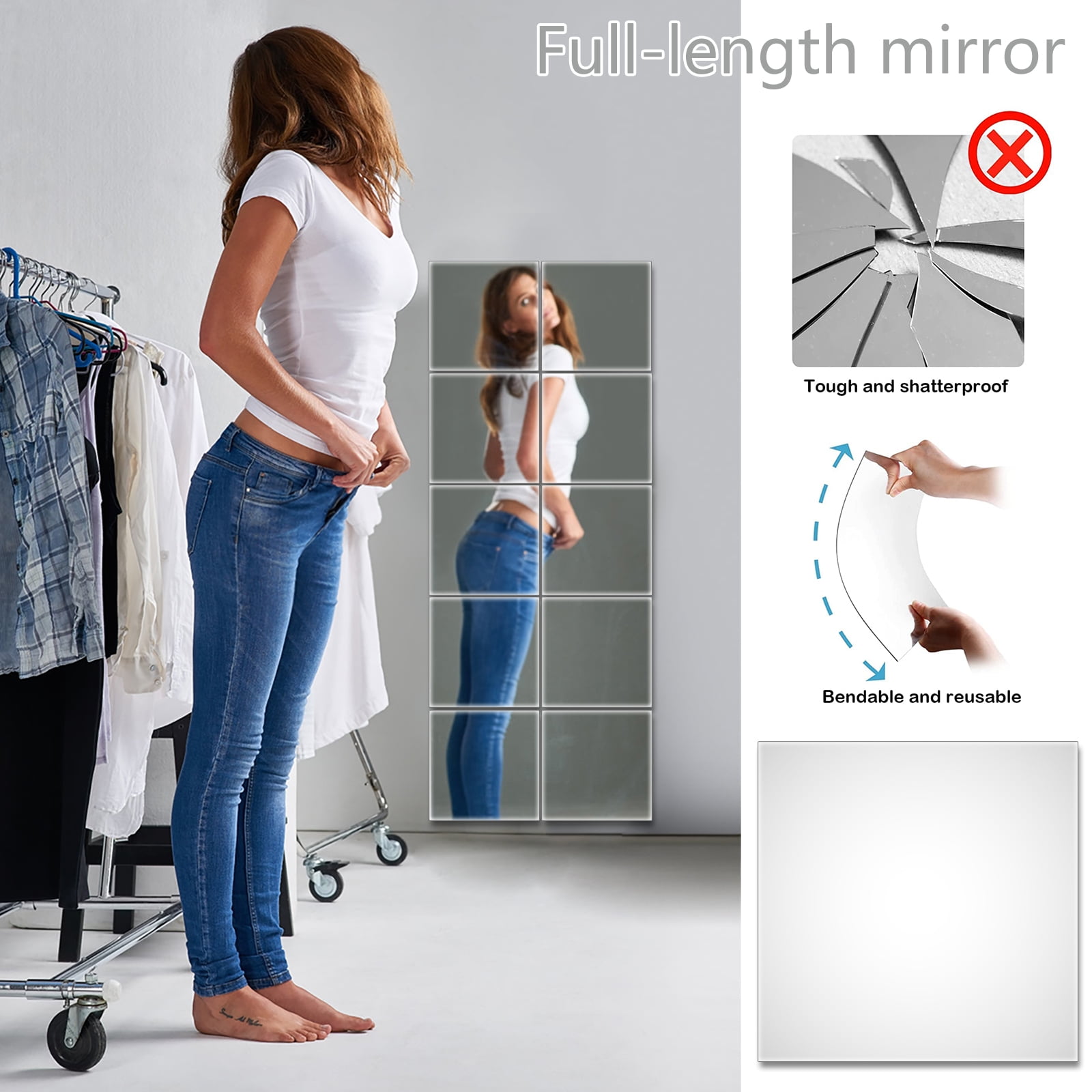 EUWBSSR 20Pcs Mirror Sheets Non Glass Mirror 12inch Flexible Mirror Sheets Tiles Mirror Stickers Wall Decor Mirror for Home Bedroom Closet Bathroom