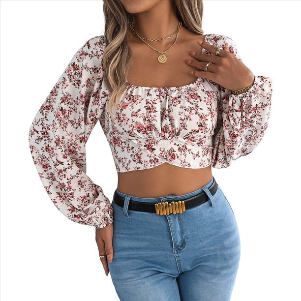 Top Corto Floral para Mujer, con Escote Cuadrado y Lazo en la Espalda, Sin Espalda. M