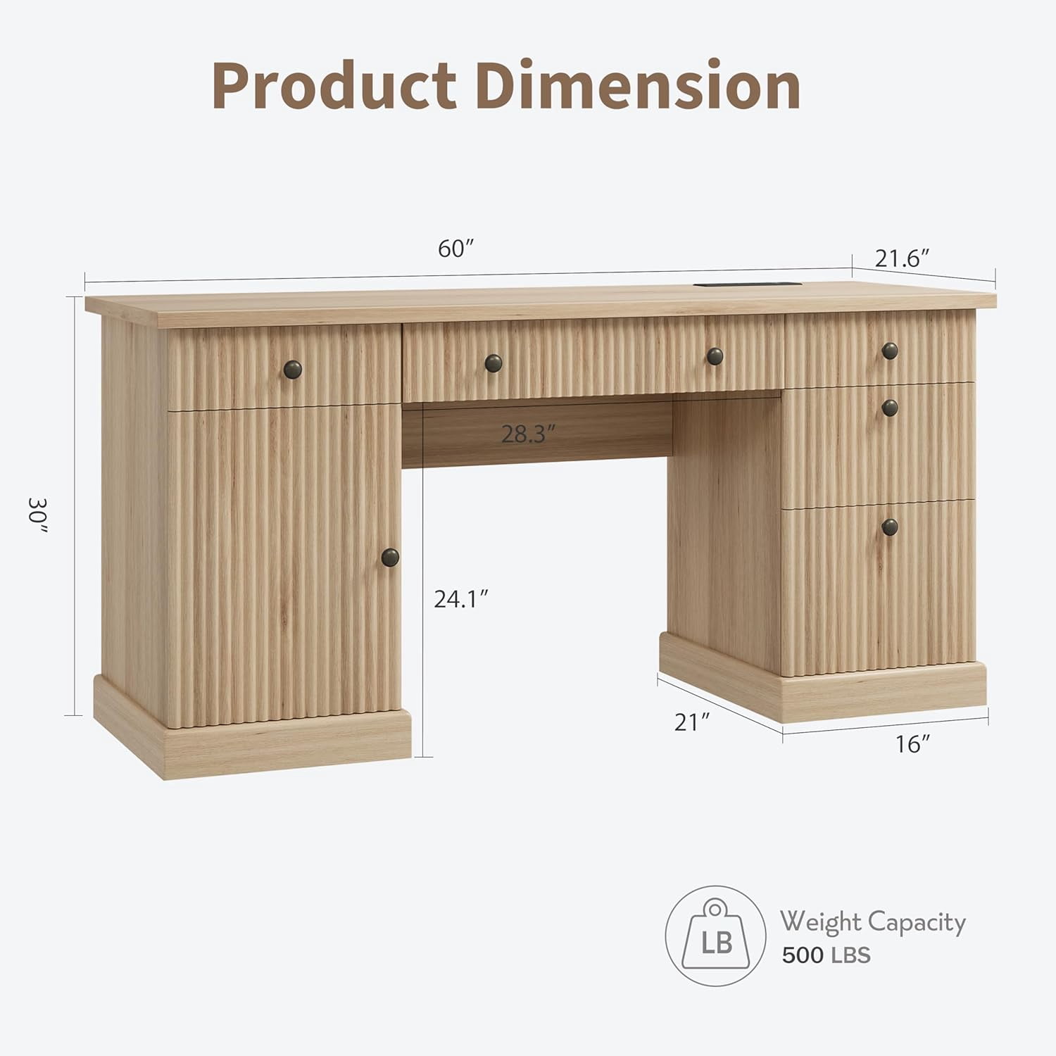 Fluted Home Office Desk Storage, 60 in Modern Executive Desk with Charging Station, Wooden Computer Writing Desk with File Cabinet & Drawers for Study, Living Room, Bedroom-Burlywood