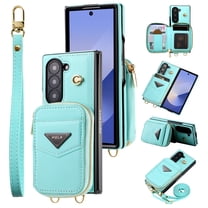 Allytechgroup Stylish Galaxy Z Fold 6 Case Wallet, Shockproof Phone Case for Samsung Galaxy Z Fold 6 Convenient and Functional Zipper Pocket Case with Detachable Crossbody Shoulder Strap, Blue